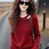 Suéter de Punto Nuevo con Cuello Redondo, Camiseta Básica, Top Hueco de Manga Larga, Suéter con Perlas Estilo Coreano para Mujer, Primavera, Otoño, Invierno 2026