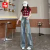 Jeans Wide Leg Lavado Vintage Feminino Outono 2024 Novo Cintura Alta Solto Dosagem Estilo Americano Calça Reta