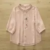 3670 Elegante y Juvenil Camisa de Gasa de Algodón con Bordado de Conejo y Botones de Colores, Manga Media, Nuevo Top Casual de Verano para Mujer