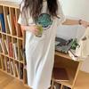Vestido Camiseta de Manga Curta de Verão para Mulheres, Estilo Longo Acima do Joelho, Casual Elegante de Caimento Solto, Emagrecimento com Franzidos e Fenda, Vestido Preguiçoso da Moda