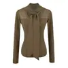 Top de punto gris semitransparente con cuello en V y lazada para mujer, otoño e invierno, con un diseño único, corte ajustado, top de manga larga para llevar debajo