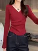 Top Feminino Novo de Gola V para Primavera e Outono de 2026, Cor Sólida, Design Versátil, Emagrecedor, Estiloso, Manga Longa, Top Justo para Mulheres