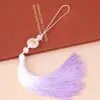 Pingente em Forma de Flor de Jade Branco com Franjas em Degradê, Leque Estilo Tradicional, Enfeite Pendente Hanfu, Joias Artesanais DIY para Atacado