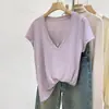 Elegante Camiseta Básica de Cuello en V Verano 2026 Estilo Coreano Color Sólido Top Delgado Lino Algodón Copo de Nieve Camiseta de Manga Corta Holgada