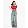 Jeans Feminino Wide Leg Rasgado Estilo Americano Retrô Verão 2024 Fino Cintura Alta Emagrecedor Solto Reta