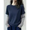 Camiseta Manga Longa Regular Patchwork Listrada Falsa Duas Peças Algodão Puro para Mulheres Moda de Alta Qualidade Versátil Cinza Escuro Outono