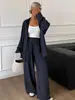 Conjunto de dos piezas casual y relajado para mujer: Camisa de manga larga con hombros descubiertos y pantalones elásticos de pierna ancha de cintura alta para ir al trabajo y salir