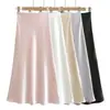 731-26 Saia Longa Elegante Francesa de Cetim Outonal Estilo Cauda de Peixe com Caimento Drapeado e Cintura Elástica