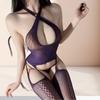 Medias de Malla Calada de una Pieza con Tiras Cruzadas al Cuello Abiertas en la Parte Trasera Moradas Sexy Lencería Productos Sexuales Juego de Rol