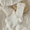 Meias com Laço de Renda Femininas Meia-Panturrilha com Babados Branco-Cinza Estilo Primavera/Outono Pontos Duplos Estilo Ballet Combine com Sapatos Pequenos de Couro