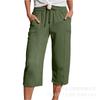 Amazon Wish Transfronterizo Moda Femenina Europea y Americana Color Sólido Algodón y Lino Holgado Cordón Pantalones Casuales Acortados de Pierna Ancha para Mujer