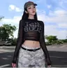 Nueva Camiseta de Manga Larga Transparente Estilo Retro Americano Adelgazante Estampado de Letras Malla con Costuras Ajustada Cuello Redondo Top Corto