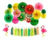 Decoración para fiesta de cumpleaños con temática de flamencos hawaianos, arreglo de bolas de panal de piña, suministros para banderas, abanico de papel, decoración de flores
