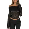 Ropa Europea y Americana de Amazon Transfronteriza Nueva de Color Puro con Encaje Hombros Descubiertos Cuello de Una Línea Manga Larga Espalda Descubierta Camiseta para Mujer