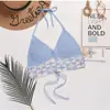 Roupa de Praia de Renda Costas Nuas com Cadarço Decote em V Peça Externa Tricô Tubo Top Halter Sutiã Faixa no Peito Biquíni Top para Mulheres