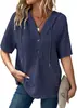 Top de punto gofre de manga corta para mujer Cross-Border 2026 Sudadera ligera con cordón Camisa de botones con cuello en V