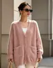 Cárdigan de Punto Cruzado Europeo y Americano Perezoso con Cuello en V para Mujer Otoño e Invierno Nuevo Talla Grande Suéter Suave Esponjoso de Piel Sintética de Visón Color Sólido de Longitud Media