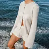 Estilo europeo y americano otoño e invierno nuevo conjunto de shorts de punto sueltos transpirables de manga larga con ribete de encaje para mujer, pijama, ropa de casa