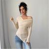 Pure Desire Deep V Lace Shoulder Camiseta de manga comprida feminina 2024 inverno novo elegante plissado Slim-fit irregular Top
