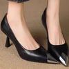 Elegantes Zapatos de Mujer de Tacón Medio 2025 Primavera y Otoño Nuevo Estilo Francés Pequeño Fragante Metal Punta Cuadrada Tacón de Aguja Poco Profundos Negros Tacones Altos