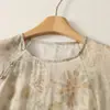 Camisa Holgada de Algodón y Lino Estilo Chino Estampada de Manga Tres Cuartos de Longitud Media con Cuello Redondo Vintage para Mujer Verano 2026