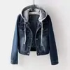 Jaqueta jeans, nova para primavera e outono, estilo coreano vintage, slim fit, com capuz, jaqueta curta, top casual versátil para estudantes