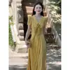 Vestido Saia Longa com Laço para Senhoras Estilo Verão 2025 Vestido Palavra uma Saia Afinando a Cintura Novo Estilo para Mulheres