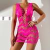 Lingerie sexy europeia e americana sem mangas oca, cor spice girl, saia de quadril, perspectiva, sling, roupa de dormir
