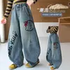 Jeans estampados de moda nuevos para niñas 2026, Pantalones de guadaña, Jeans casuales de pierna ancha de dibujos animados de Gato KT