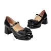 Sapatos Mary Jane de bico redondo em couro envernizado com laço elegante, camada única, salto médio grosso, sapatos femininos 32-43, sapatos de tamanho grande, sapatos de comércio exterior