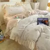 Conjunto de Cuatro Piezas de Felpa de Leche Estampada Cálida para Otoño e Invierno Estilo Coreano Encaje Grande Funda Nórdica Engrosada de Doble Cara Sábana Bajera Faldón de Cama