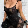Body de Lencería Sexy Europeo y Americano con Pedrería Hot-Fix, Entrepierna Abierta, de Tirantes, Uniforme de Malla para Mujer, En Stock, Al por Mayor