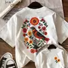 Camiseta impresa de estilo étnico para mujer transfronteriza, de manga corta, cuello redondo, top casual de verano con estampados de flores y pájaros, suave
