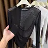 Gris Delgado Pequeño Cuello Redondo Malla Base Superior Mujer Manga Larga 2026 Nuevo Lentejuela Hueco Elegante Ropa Interior Encaje Mujer