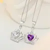 Colar de Zircônia em Formato de Coração Moda Europeia e Americana, Pingente de Coroa Princesa Sonho de Luxo Leve, Pingente Único Joias Femininas Atacado