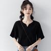 Camiseta de Verano Estilo Hong Kong con Elegante Cuello en V Pequeño, Ropa de Algodón para Mujer, de Alta Gama, Holgada y Ajustada, Tops de Manga Corta de Color Puro, Ropa de Verano