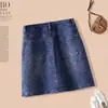 Saia Jeans A-Line Estampada Azul para Mulheres 2026 Verão Nova Cintura Alta Emagrecedora Versátil Curta Casual Que Marca o Quadril
