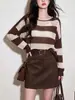 Abrigo exterior fino y elegante a rayas color café, suéter de punto holgado, nueva colección de otoño para mujer, top de alta gama