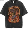 Tamanho Europeu Transfronteiriço Camiseta Masculina de Manga Curta Lavada Vintage Desenho Animado Anime Estilo Dark High Street Europeu e Americano Camiseta Curta Masculina