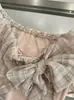Y.Jia Yijia-Blusa Camiseta Manga Curta Xadrez Ruffle Patchwork Laço Doce Uma Manga 7766
