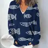 Sudadera de cuello en V de marca independiente, suéter sintético, 300g, otoño e invierno, temática oceánica, de manga larga, diseño creativo de cuello en V, sudadera estilo suéter