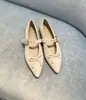 Sapatos Mary Jane Femininos de Couro de Cordeiro Bico Fino Francês com Laço Planos Baixo Corte Tira Única Estilo para o Trabalho Sapatilhas