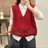 Novo colete de algodão sem mangas artístico vintage de primavera para mulheres, cardigã de malha casual solto com decote em V