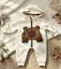 Macacão de Ski Peça Única Ursinho Off-White para Primavera e Outono, Macacão com Capuz para Bebês e Crianças Pequenas, Impermeável, Corta-Vento, Boneco 3D, Macacão para Atividades ao Ar Livre