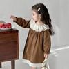Vestido de Renda com Gola Dupla para Meninas, Estilo Primavera e Outono, Moda Coreana, Vestido Princesa para Meninas, Roupa de Primavera para Crianças Pequenas e Médias