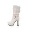 Botas Femininas de Meia-Canela para Outono e Inverno para Comércio Transfronteiriço, com Saltos Grossos, Design de Calçar Fácil, Plataforma Impermeável, Saltos Super Altos Sexy e Tamanhos Extra Grandes