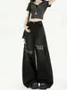 Jeans patchwork xadrez retrô americano para mulheres, novo estilo de verão 2026, cintura alta, modelador, solto, calça pantalona com rasgos falsos