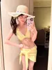 Biquíni Feminino Duas Peças Conjunto Coreano Ins Doce Menina Amarelo Claro Pura Desejo Estilo Férias na Ilha Roupa de Banho