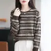 Suéter de Punto Rayado Retro Cuello Redondo para Mujer Manga Larga Holgado Elegante Versátil Capa Interior Capa Base Suéter Top Adelgazante