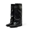 Fábrica Direta Ponto de Origem Fivela de Cinto com Rebites Pontiagudos Botas Longas Femininas Emagrecedoras Franzidas Botas de Cavaleiro Em Estoque Atacado Peça Única
